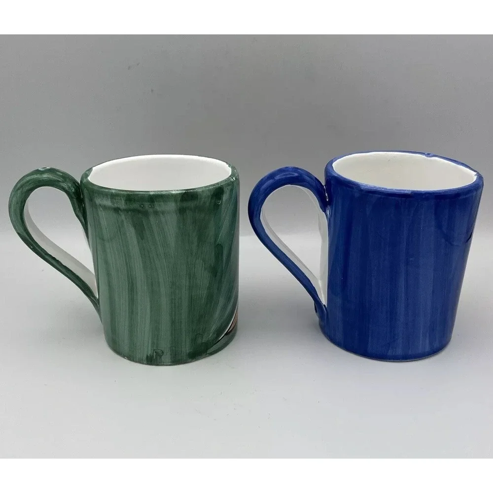 2 Pier 1 Set Garden Herb Mugs Handpaint Whimsy Carrot Pumpkin Veggie Fruit 12 Oz